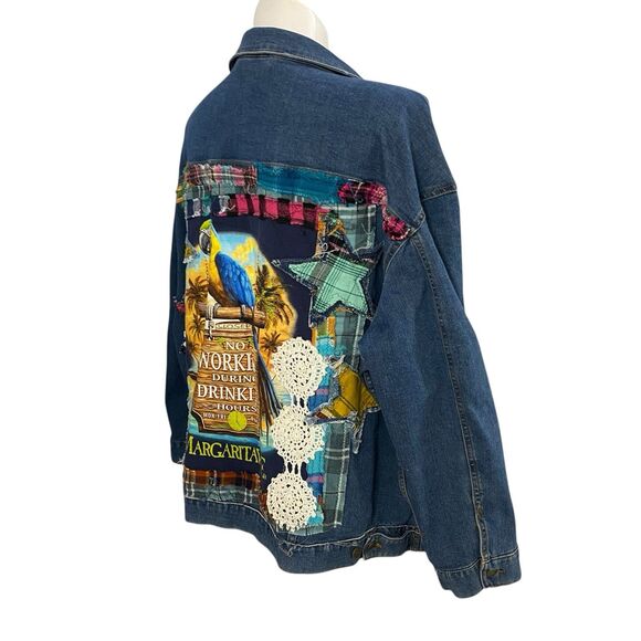 Upcycled Denim Jacket Womens 3X Margaritaville Grunge Patchwork Folk Art Boho - Picture 10 of 15